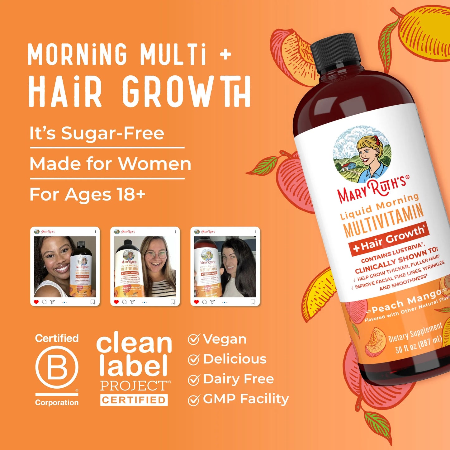 MaryRuth's Liquid Multivitamin + Hair Growth - Clinically Tested Lustriva for Thicker Hair in Women - Improve Facial Wrinkles - Vegan - 15.22 Fl Oz